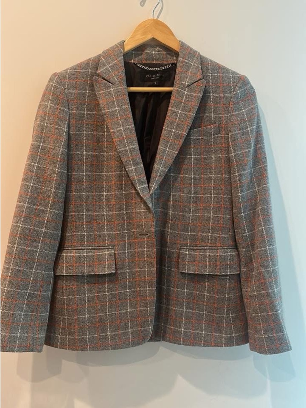 Rag & Bone Tailored Gray Windowpane Blazer with Subtle Orange Check